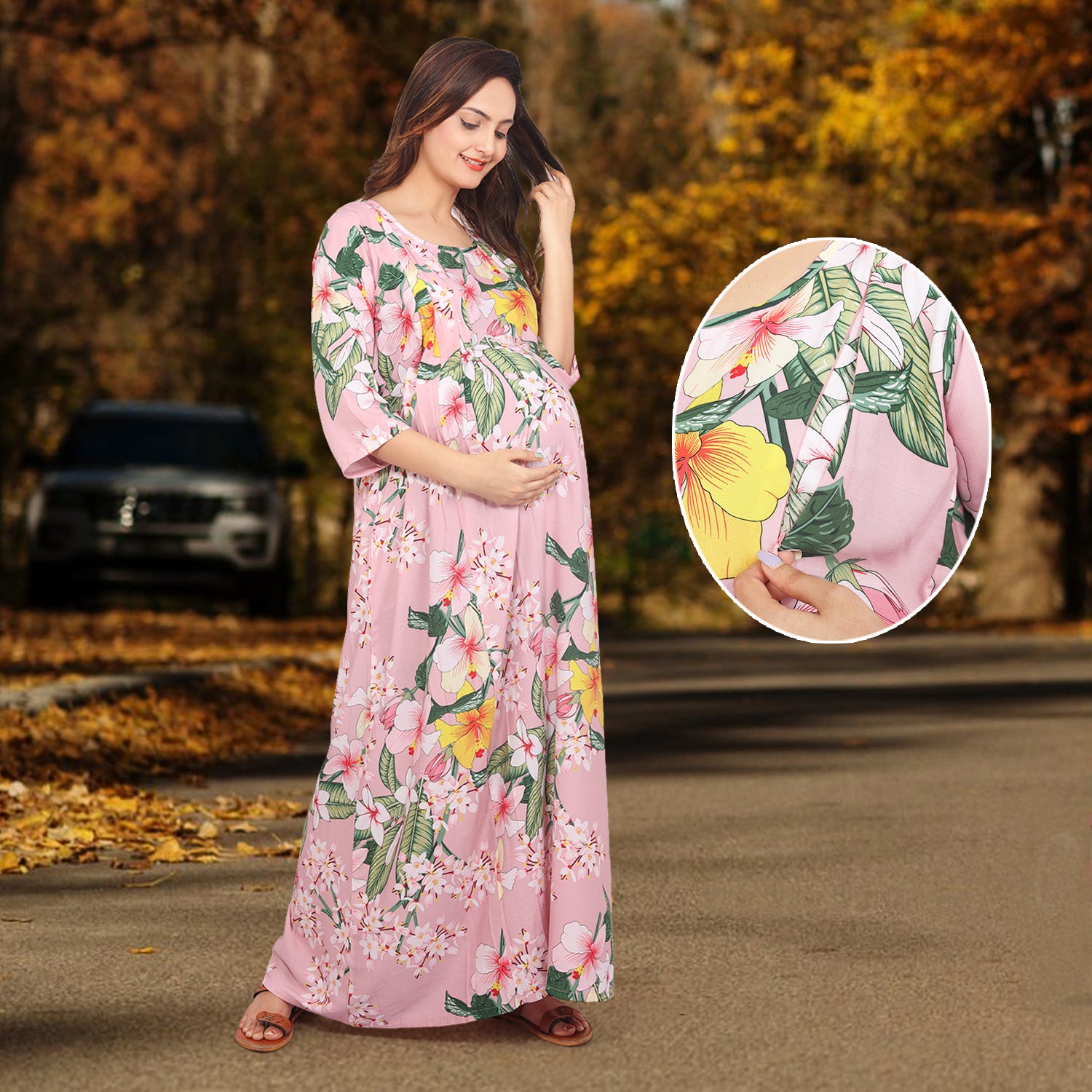 Baby Moo Full Length Comfortable Nursing And Maternity Dress Floral Li