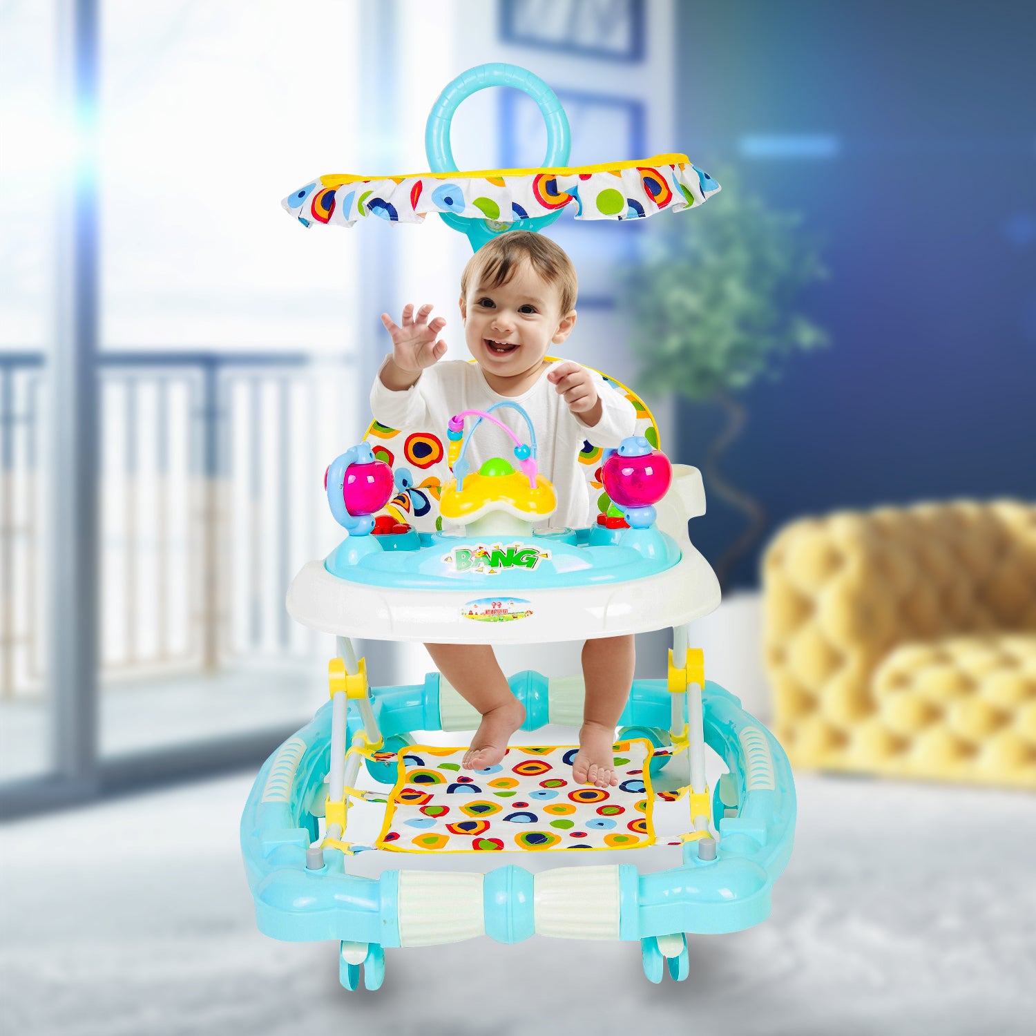 Polka Dot Turquoise 2 in 1 Premium Walker Cum Rocker With Sunshade