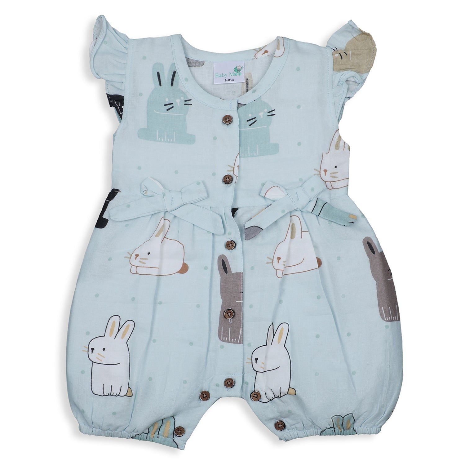 Baby Moo Cutie Bunny With Bows Sleeveless Buttoned Muslin Romper - Blue - Baby Moo