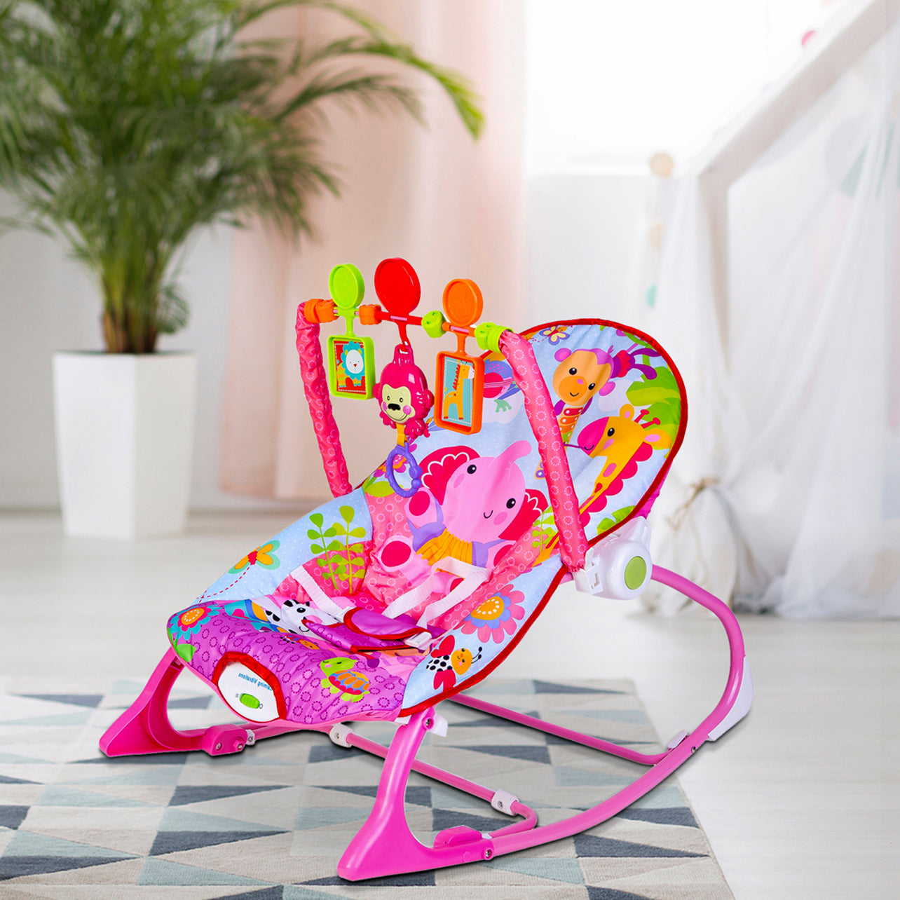 Infant To Toddler Happy Baby Bouncer With Hanging Toys Pink