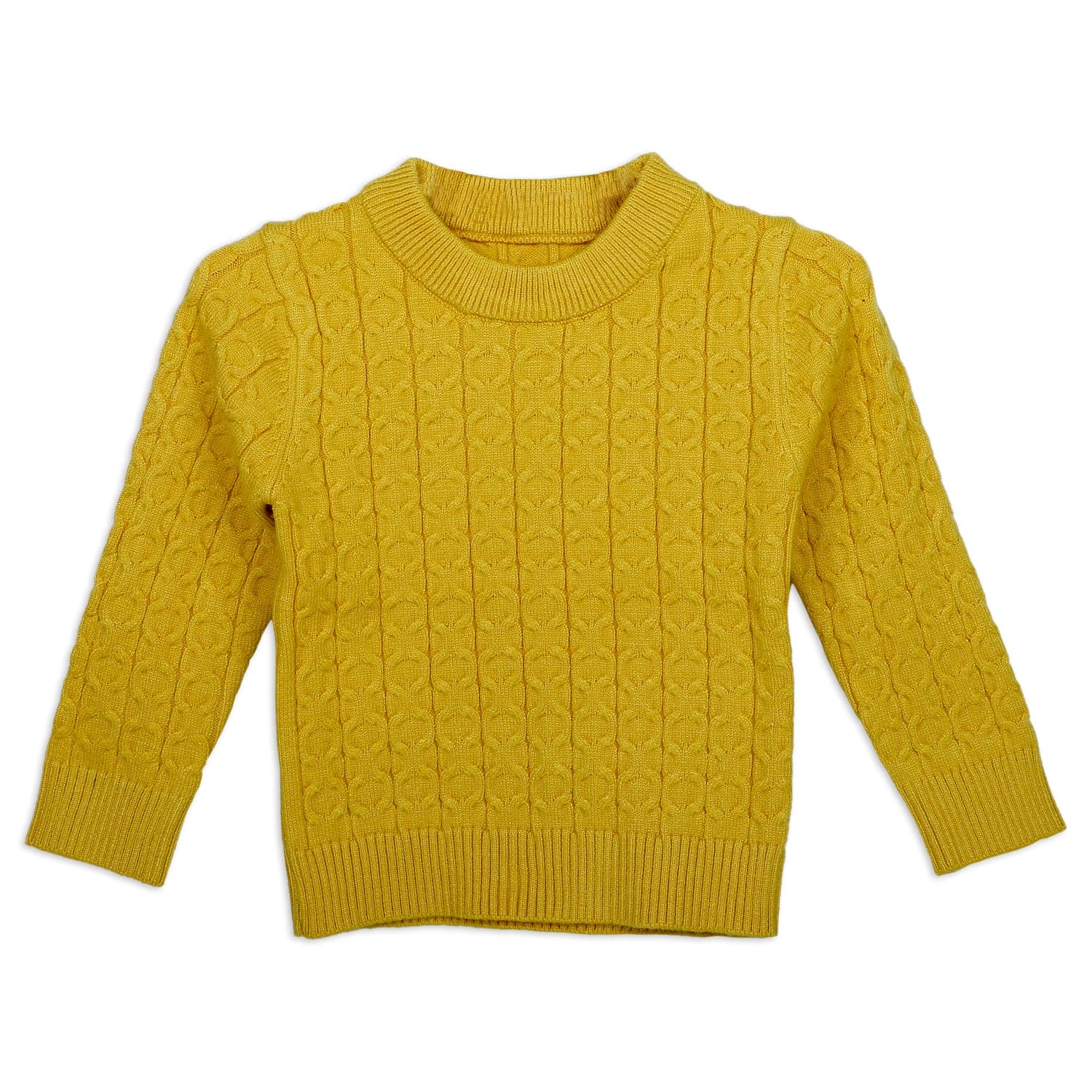 Classic Solid Round Neck Premium Full Sleeves Cable Knit Sweater - Mustard - Baby Moo