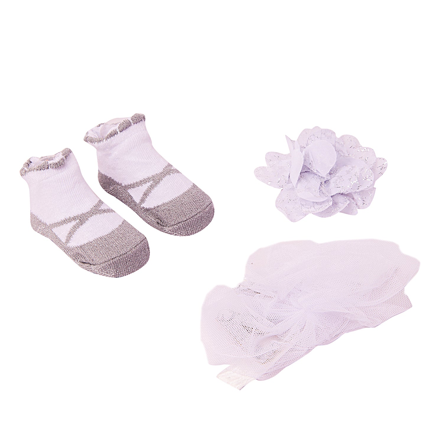 Dressy Floral Grey 3 Pcs Hairband And Socks Set - Baby Moo