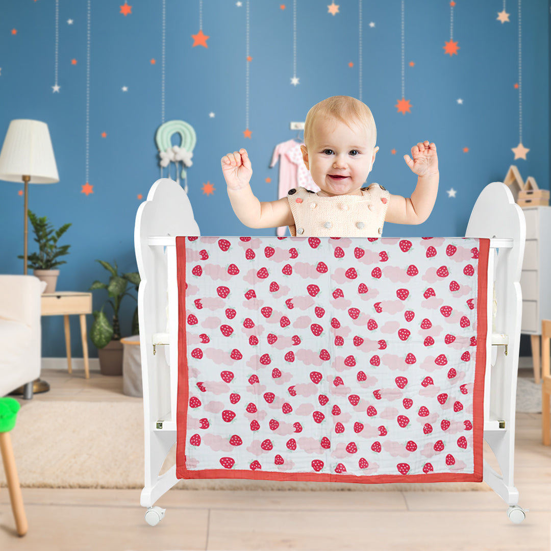 Strawberry White and Pink Small Muslin Blanket - Baby Moo