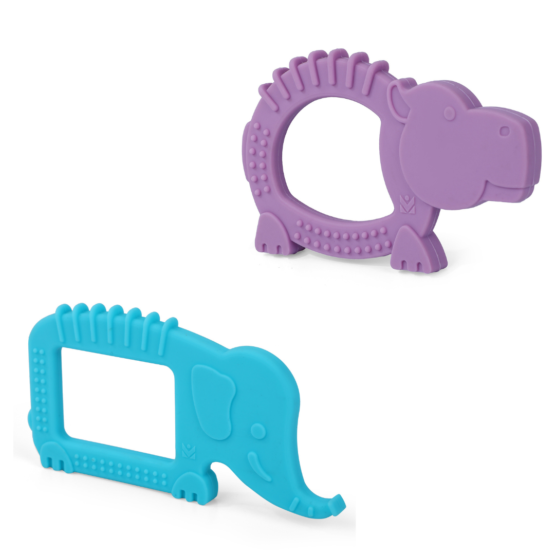 Baby Moo Soothing Silicon Teether BPA And Toxin Free Pack of 2 - Elephant Blue And Hippo Purple - Baby Moo