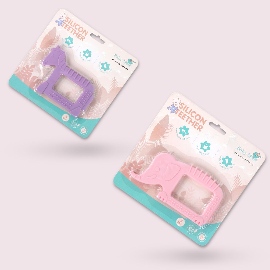 Baby Moo Soothing Silicon Teether BPA And Toxin Free Pack of 2 - Elephant Pink And Unicorn Purple - Baby Moo