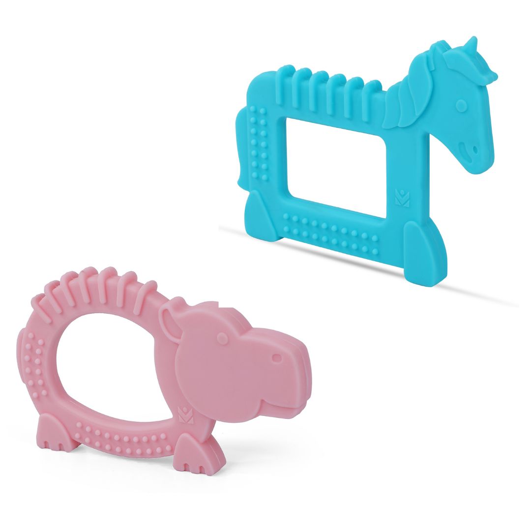 Baby Moo Soothing Silicon Teether BPA And Toxin Free Pack of 2 - Unicorn Blue And Hippo Pink - Baby Moo