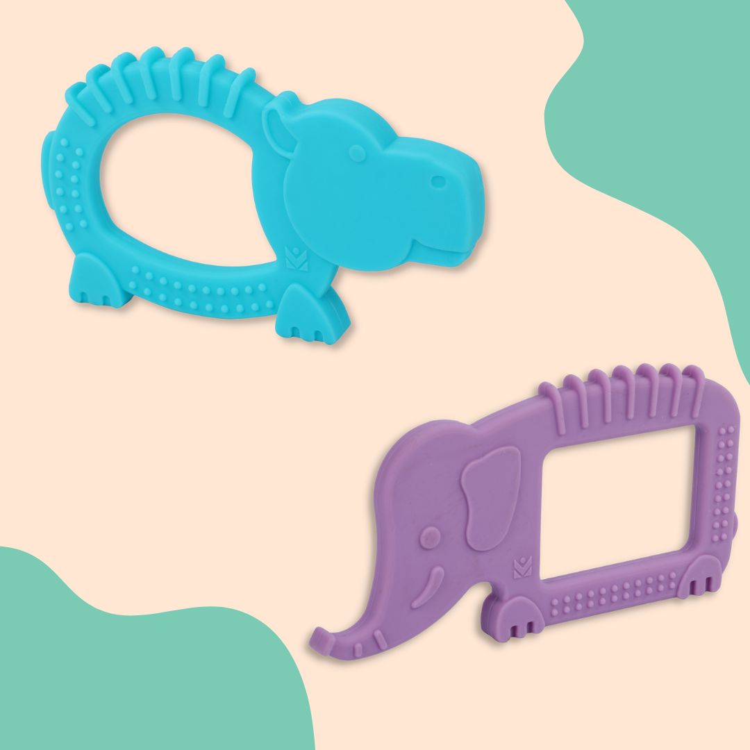 Baby Moo Soothing Silicon Teether BPA And Toxin Free Pack of 2 - Elephant Purple And Hippo Blue - Baby Moo