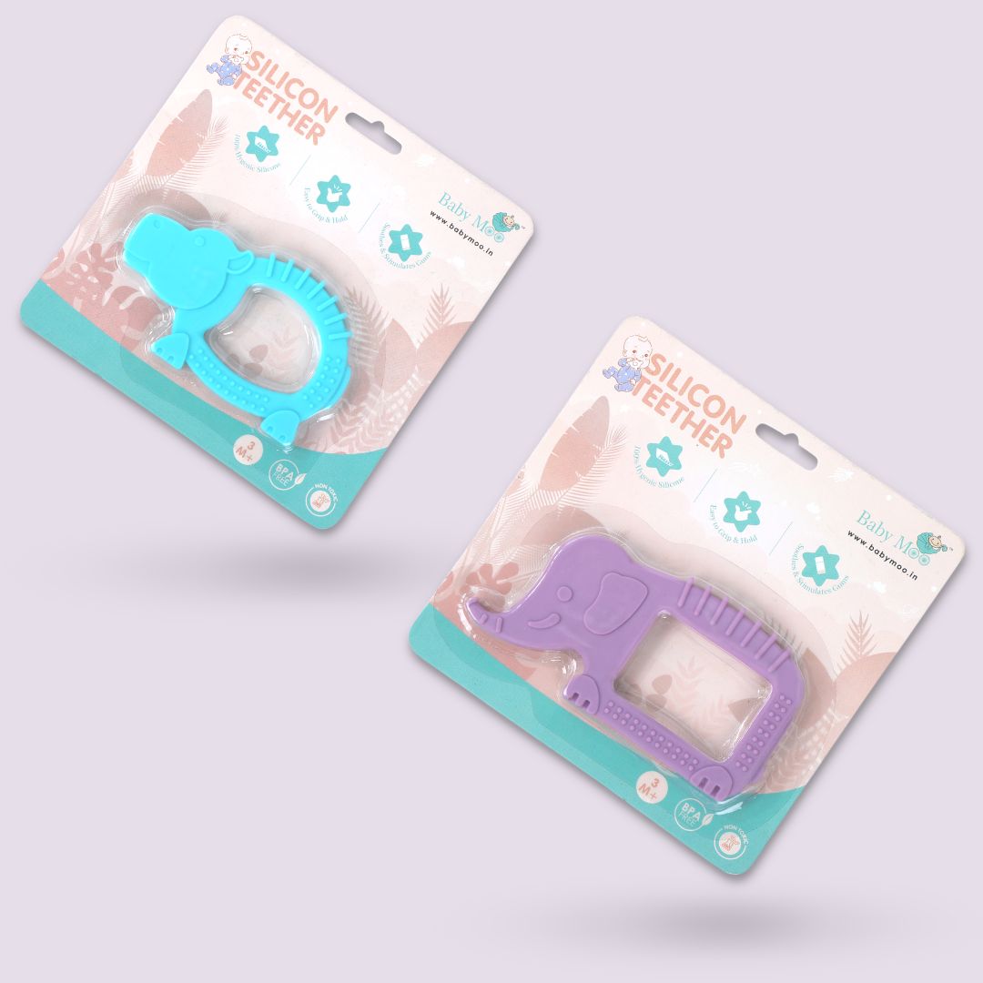 Baby Moo Soothing Silicon Teether BPA And Toxin Free Pack of 2 - Elephant Purple And Hippo Blue - Baby Moo