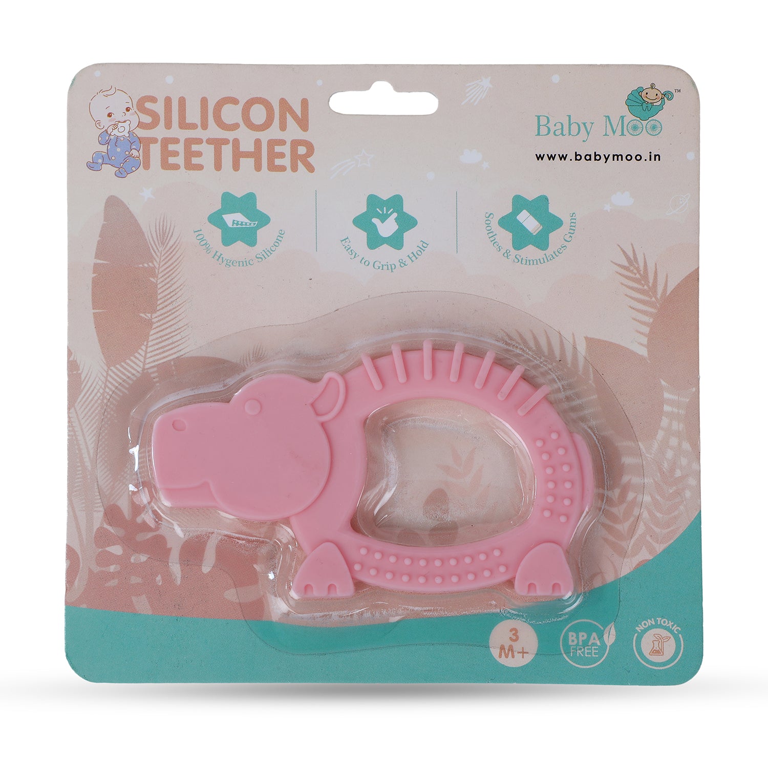 Baby Moo Hippo Soothing Silicon Teether BPA And Toxin Free - Pink - Baby Moo