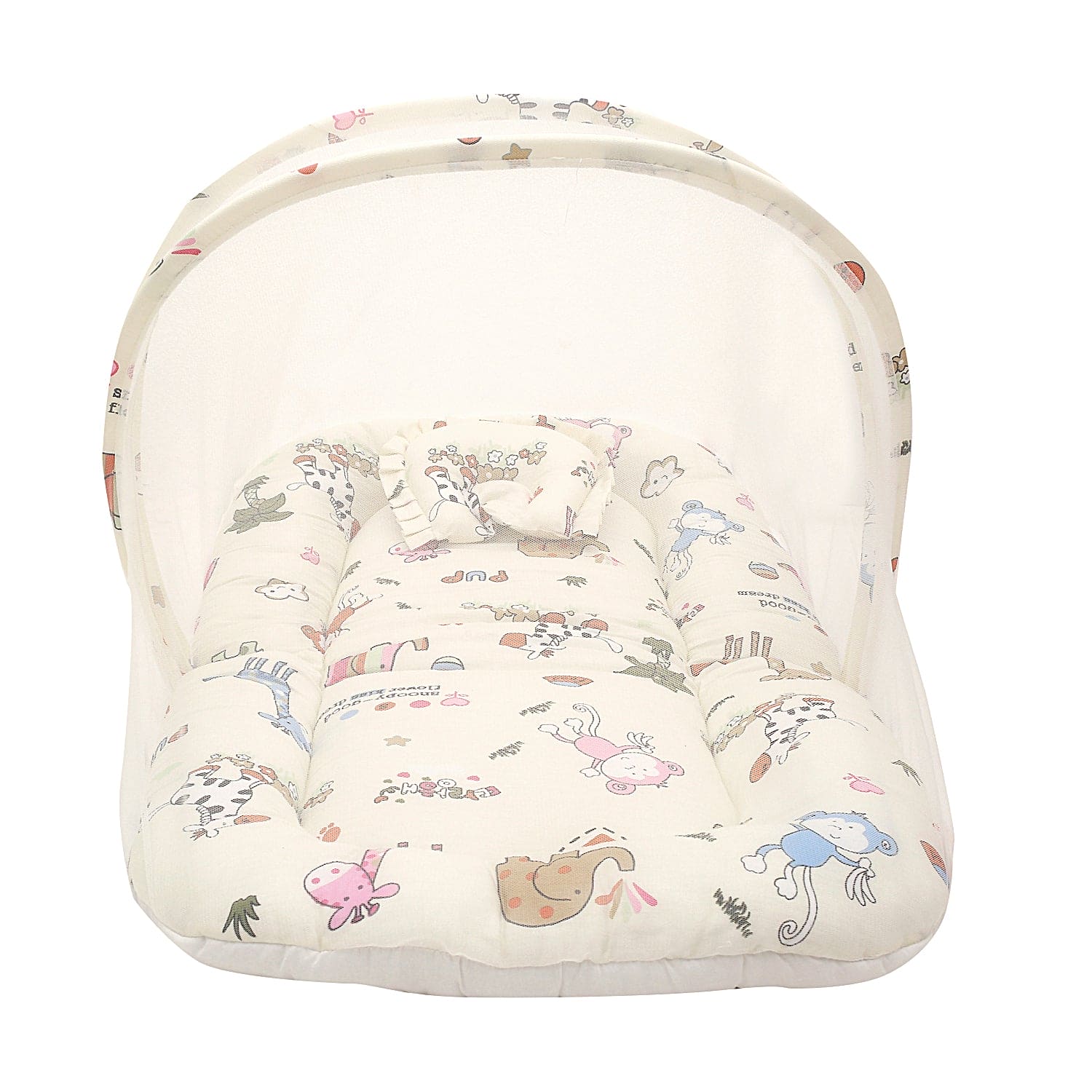 Mosquito Net Tent Mattress Set With Neck Pillow I Love Animals Cream - Baby Moo