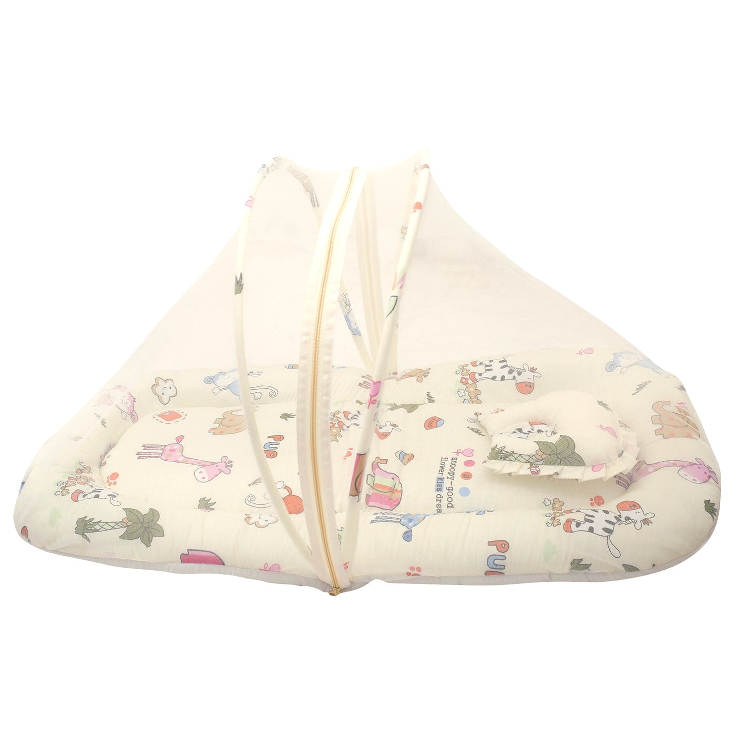 Mosquito Net Tent Mattress Set With Neck Pillow I Love Animals Cream - Baby Moo
