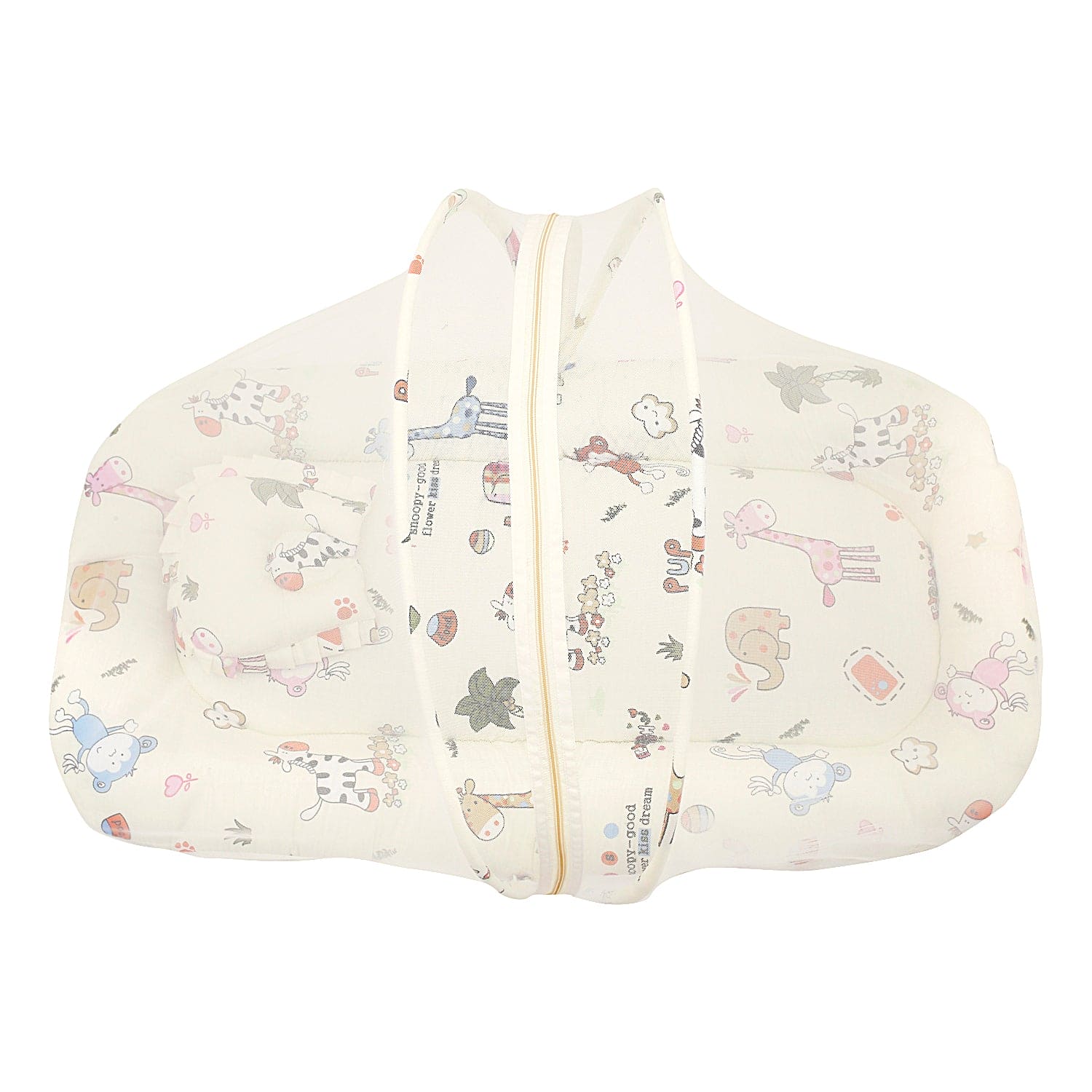 Mosquito Net Tent Mattress Set With Neck Pillow I Love Animals Cream - Baby Moo