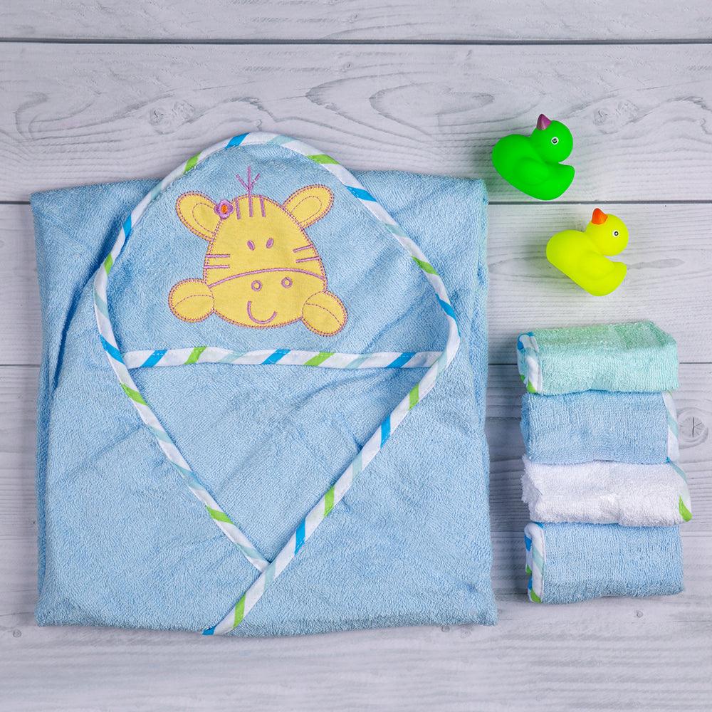 Tiger Blue Applique Hooded Towel & Wash Cloth Set - Baby Moo