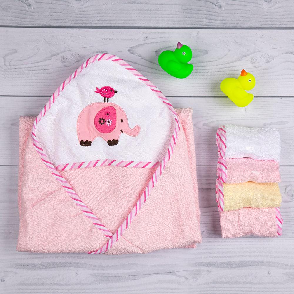 Elephant Pink Applique Hooded Towel & Wash Cloth Set - Baby Moo