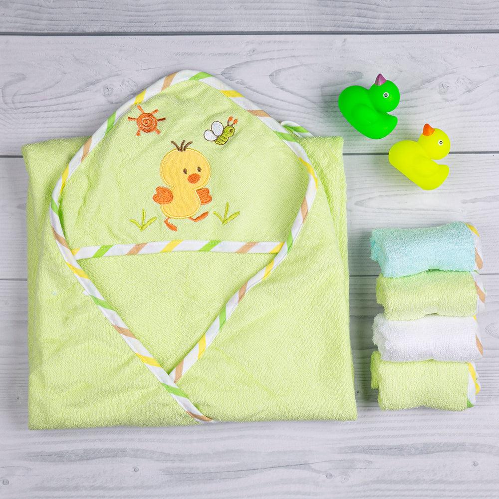 Chick Green Applique Hooded Towel & Wash Cloth Set - Baby Moo