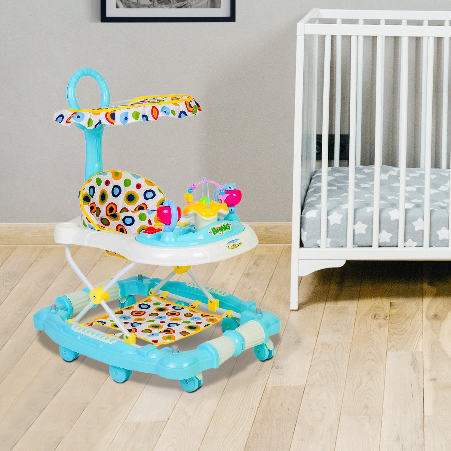 Polka Dot Turquoise 2 in 1 Premium Walker Cum Rocker With Sunshade - Baby Moo