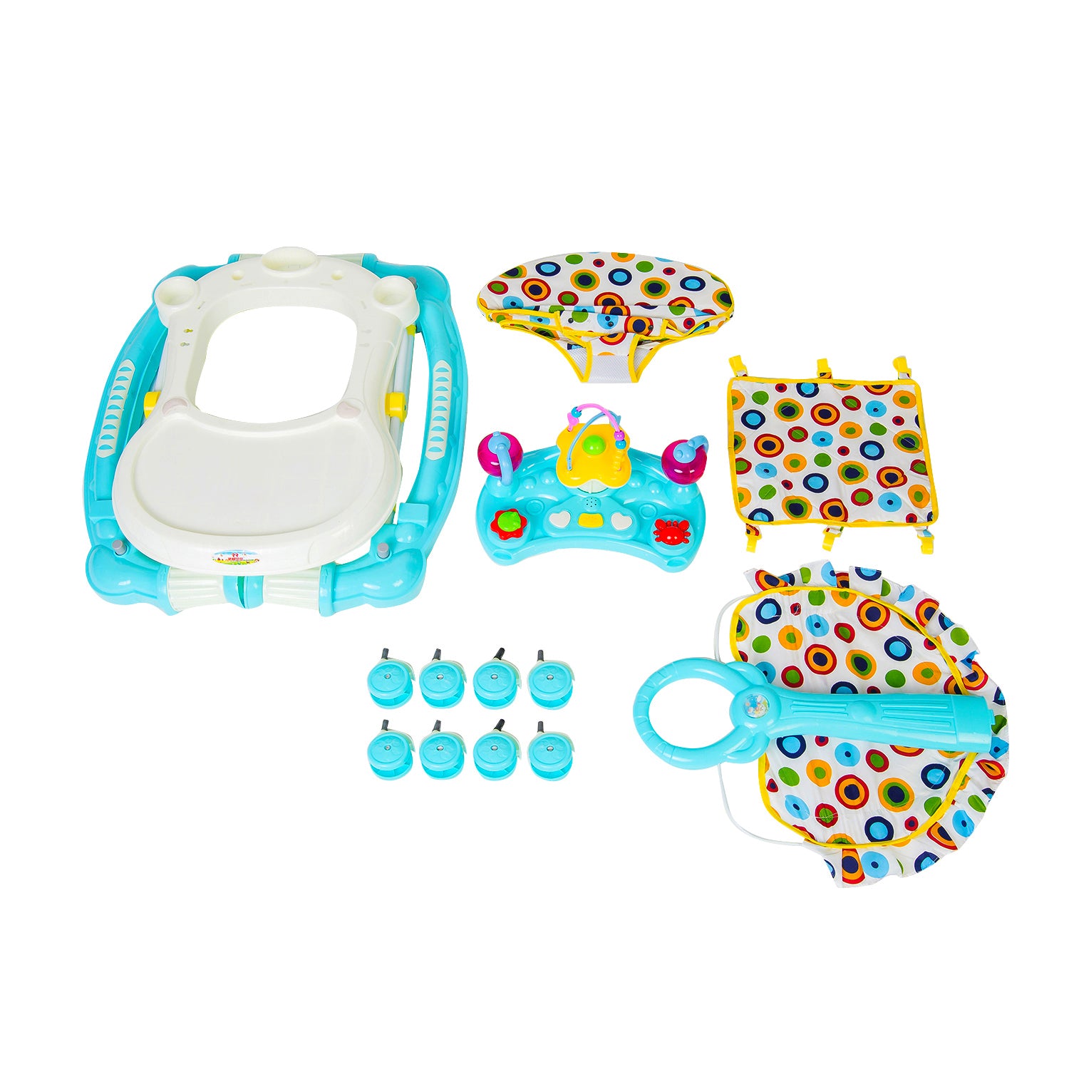 Polka Dot Turquoise 2 in 1 Premium Walker Cum Rocker With Sunshade