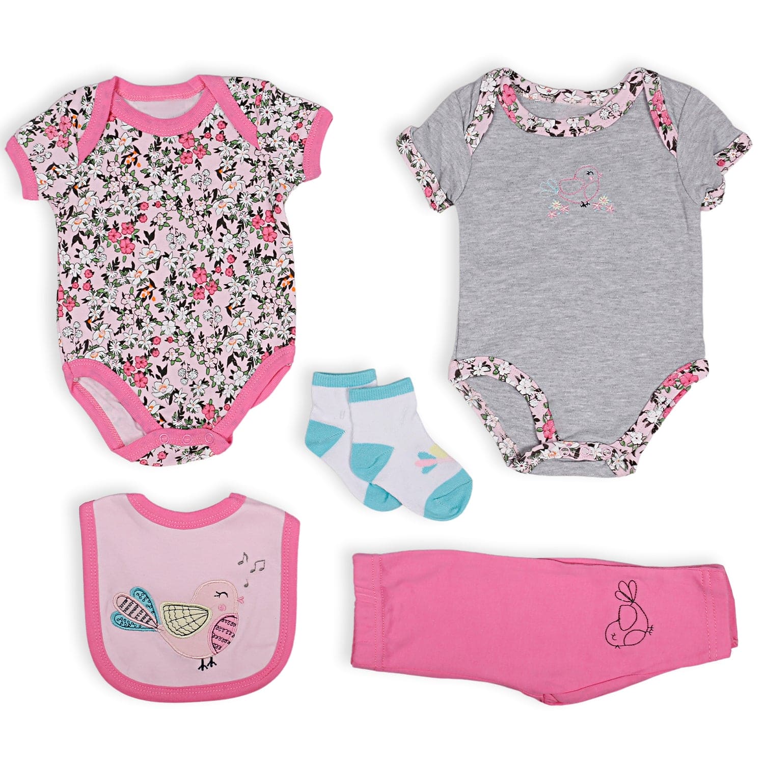 Gift Set Set Of 5 Bib Body Suits Pant And Socks Floral Pink - Baby Moo