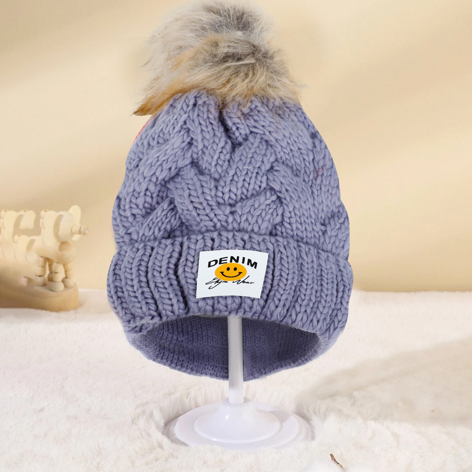 Baby Moo Pom Pom Knitted Woollen Cap - Grey - Baby Moo
