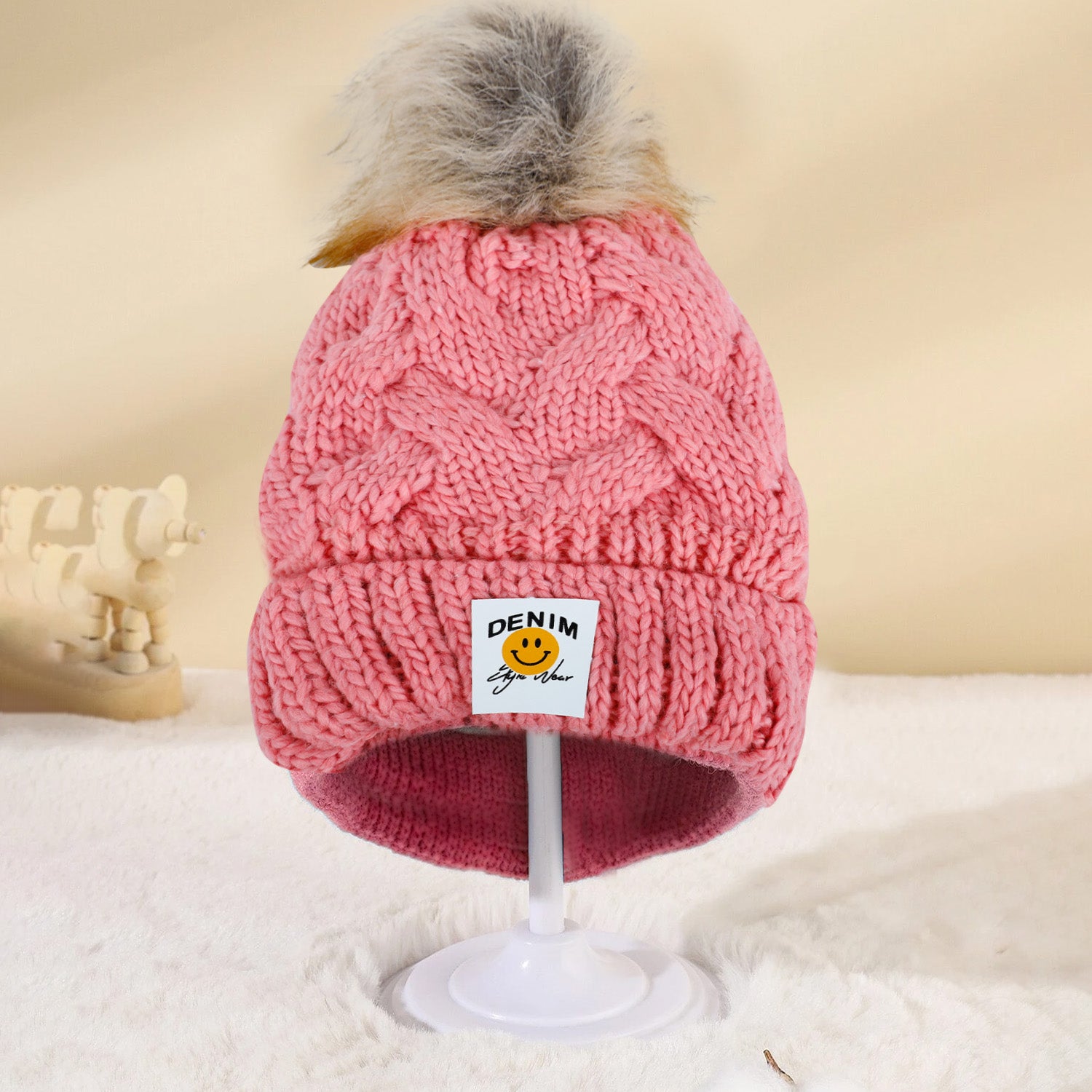Baby Moo Pom Pom Knitted Woollen Cap - Pink - Baby Moo