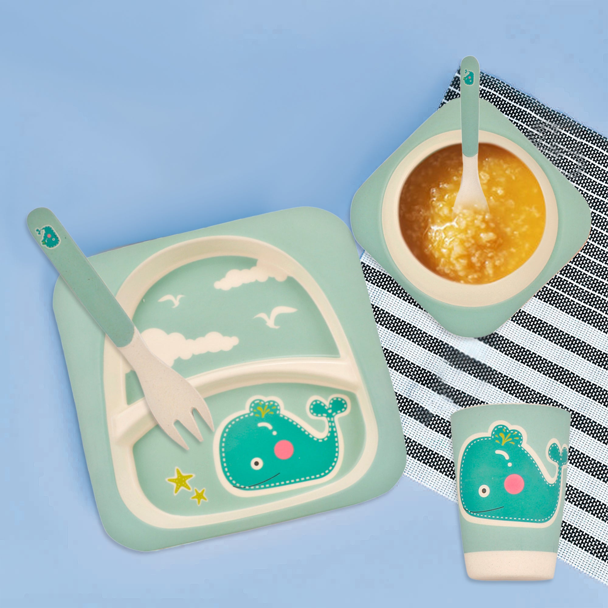 Whale Sea Green Bamboo Fiber Dinner Set - Baby Moo