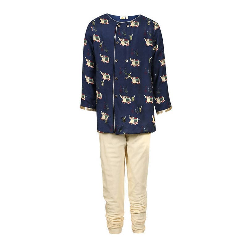 Rang Royal Elephant Cotton Kurta And Dhoti Set - Blue