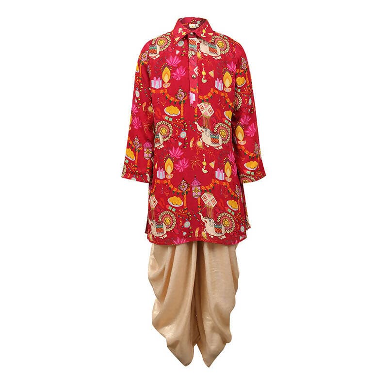 Rang Festive Printed Cotton Kurta And Dhoti Set - Red