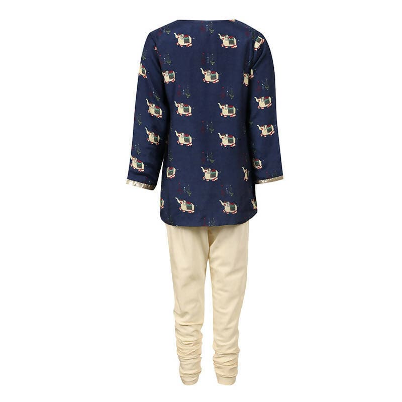 Rang Royal Elephant Cotton Kurta And Dhoti Set - Blue