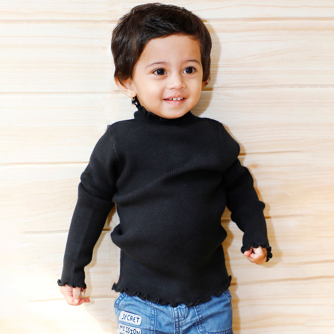 Basic Ribbed Premium Full Sleeves Knitted Kids Sweater - Black