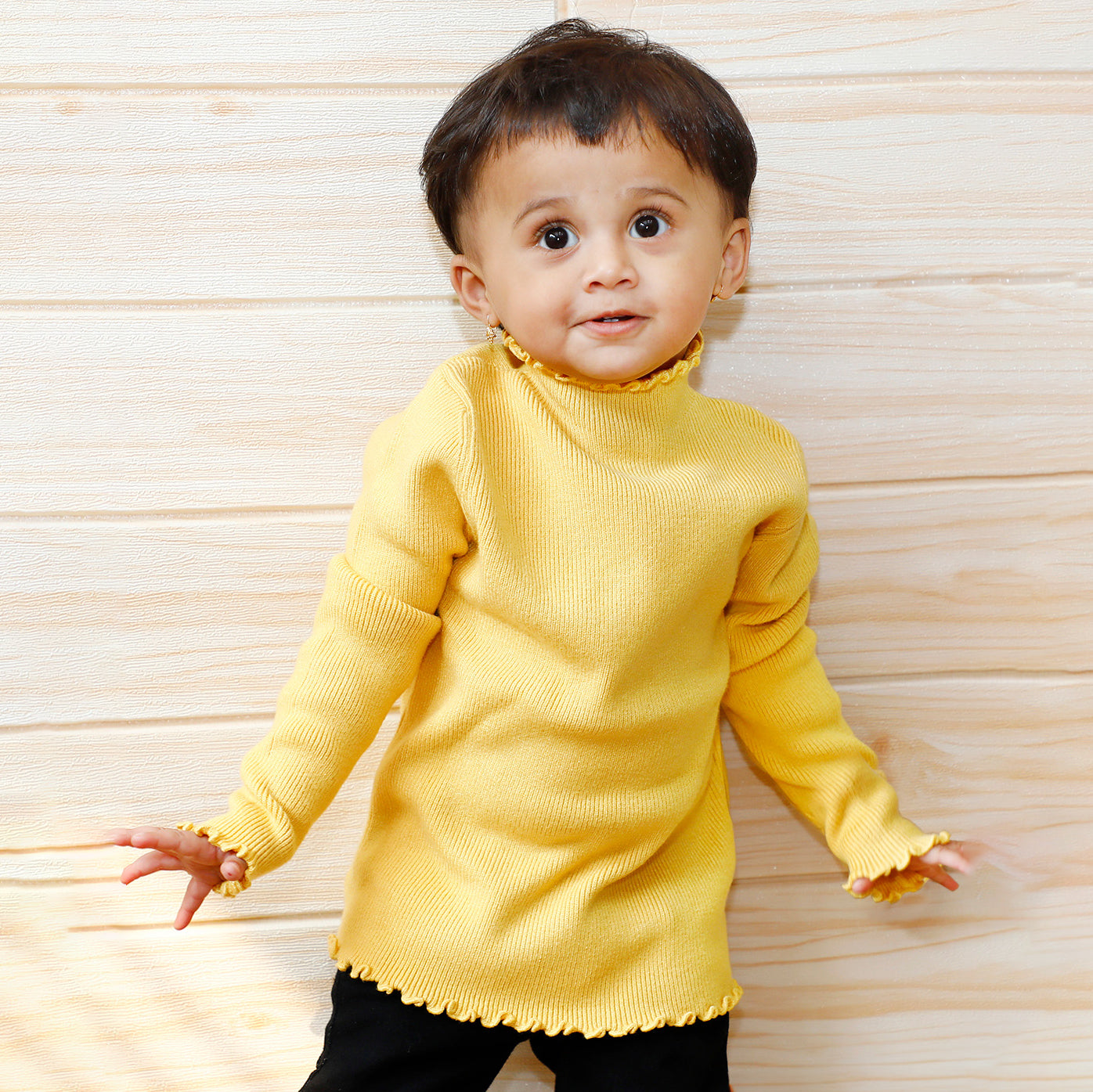 Basic Ribbed Premium Full Sleeves Knitted Kids Sweater - Yellow
