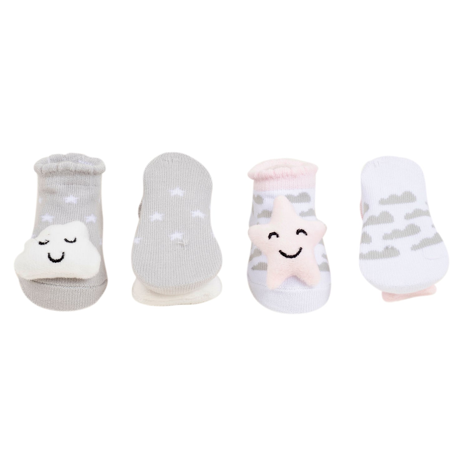 Baby Moo 3D Sleepy Star Cotton Ankle Length Fancy Infant Gift Set of 2 Socks Booties - Grey, Pink