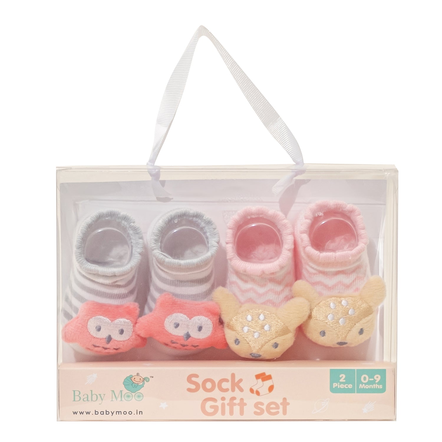 Baby Moo 3D Owl And Teddy Cotton Ankle Length Fancy Infant Gift Set of 2 Socks Booties - Grey, Pink