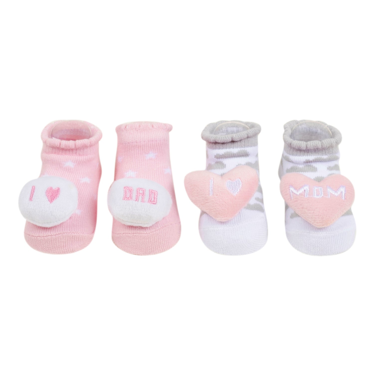 Baby Moo Mom Dad's Heart Cotton 3D Ankle Length Fancy Infant Gift Set of 2 Socks Booties - Pink, Grey