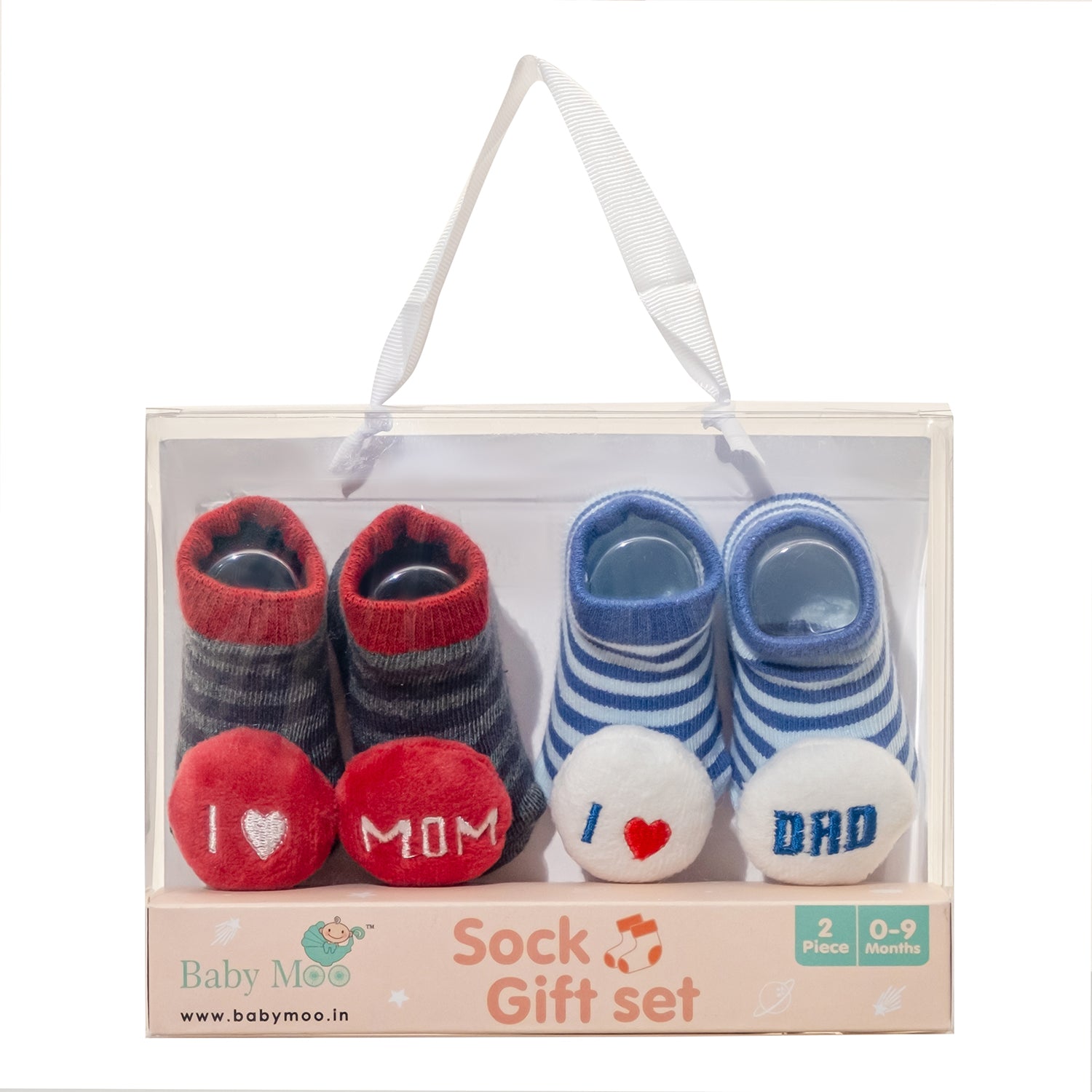 Baby Moo 3D I Love Mom Dad Cotton Ankle Length Fancy Infant Gift Set of 2 Socks Booties - Blue, Red