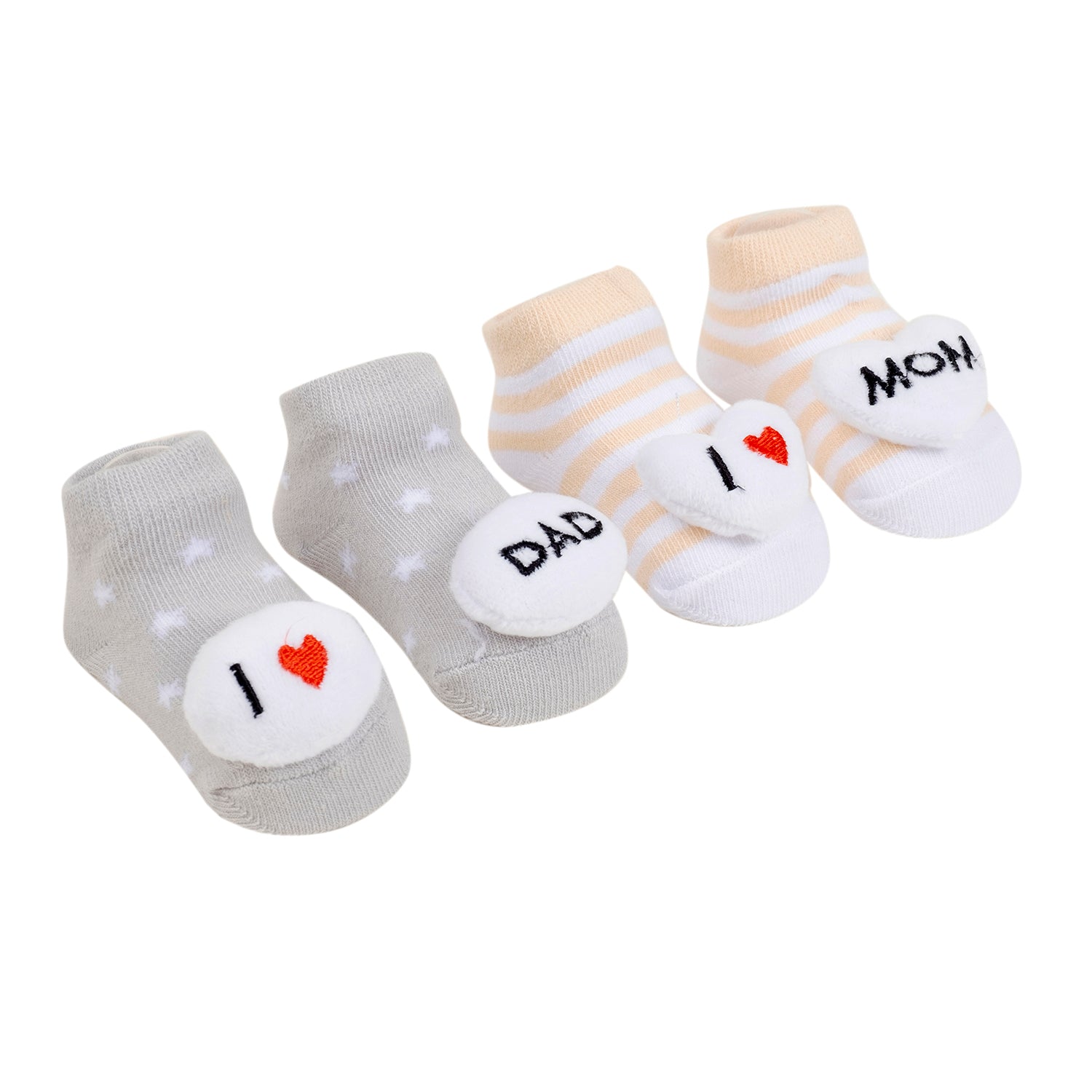 Baby Moo 3D I Love Mommy Daddy Cotton Ankle Length Fancy Infant Gift Set of 2 Socks Booties - Yellow, Grey