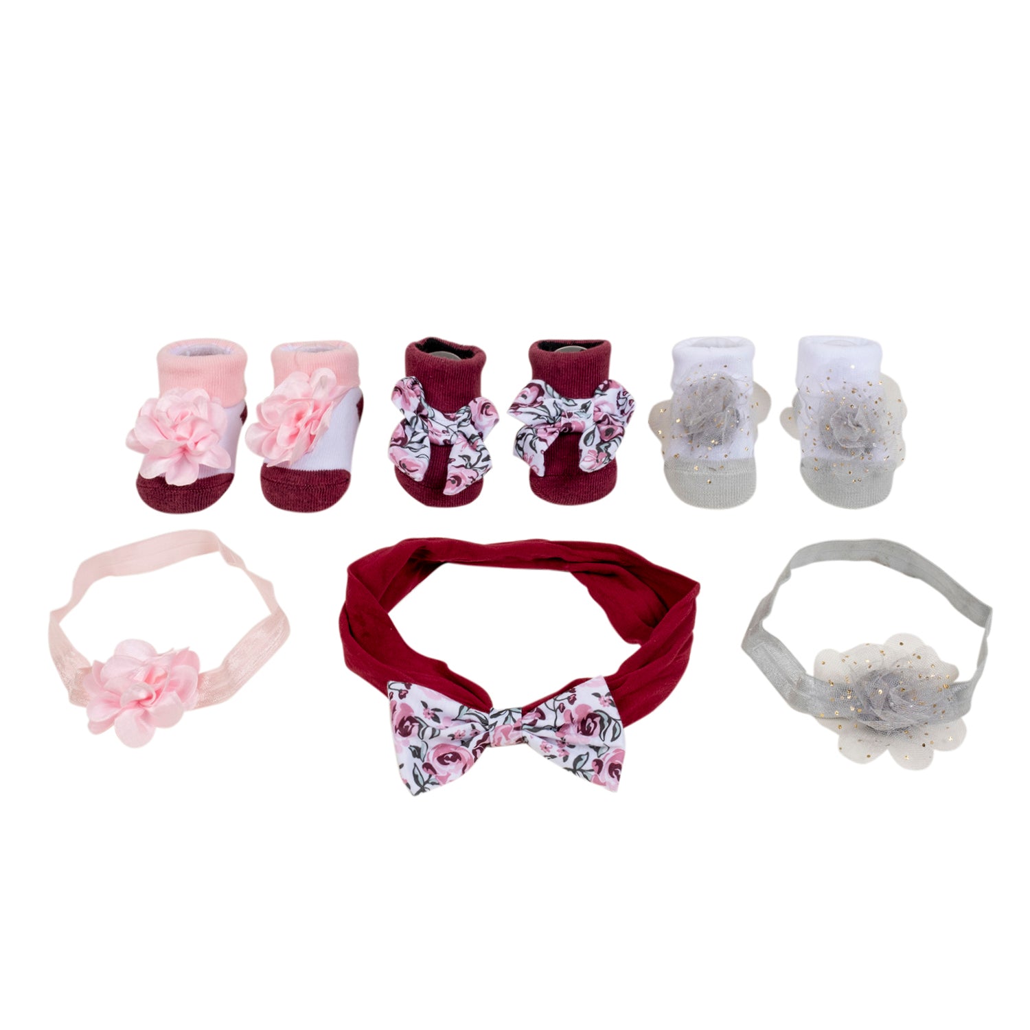 Baby Moo Floral Infant Girl 6-Piece Gift Hairband And Socks Set - Maroon
