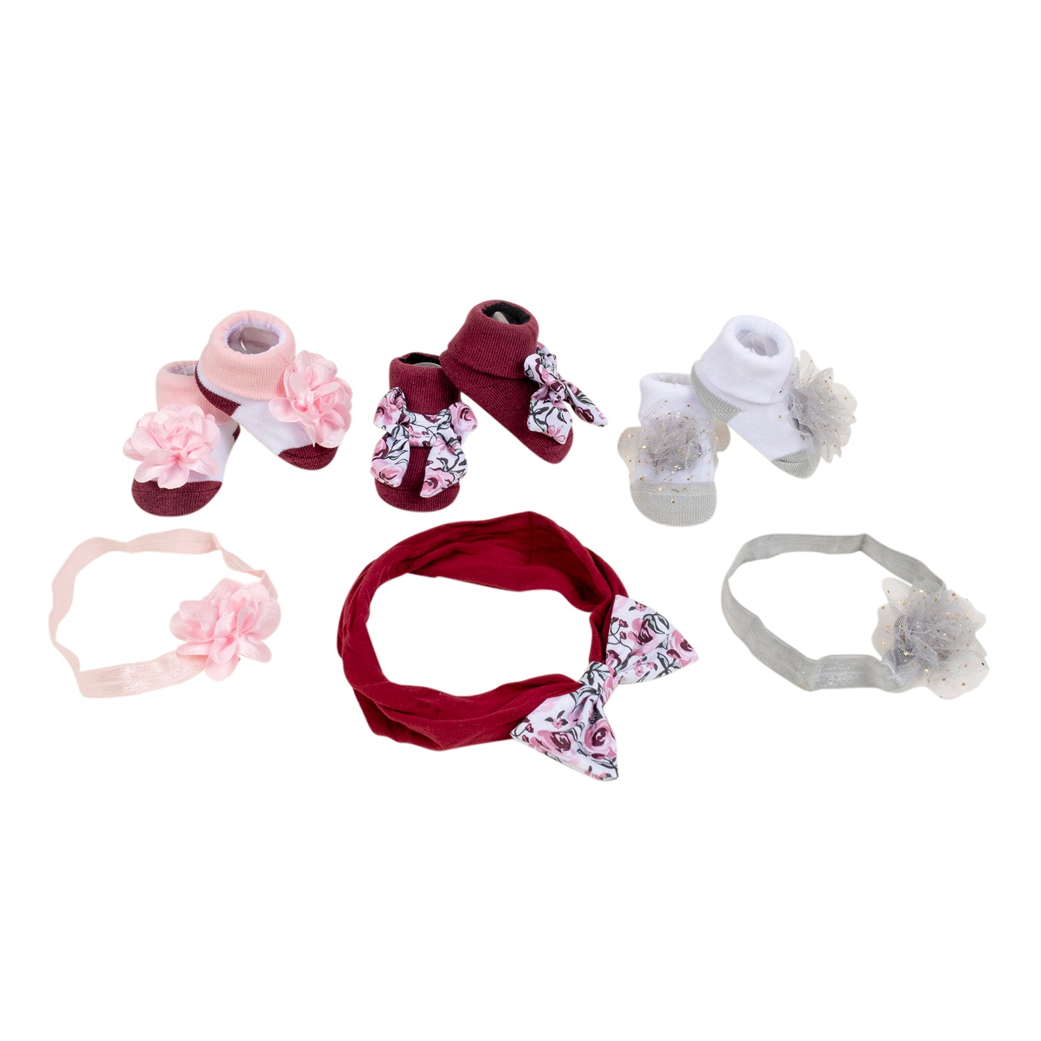 Baby Moo Floral Infant Girl 6-Piece Gift Hairband And Socks Set - Maroon