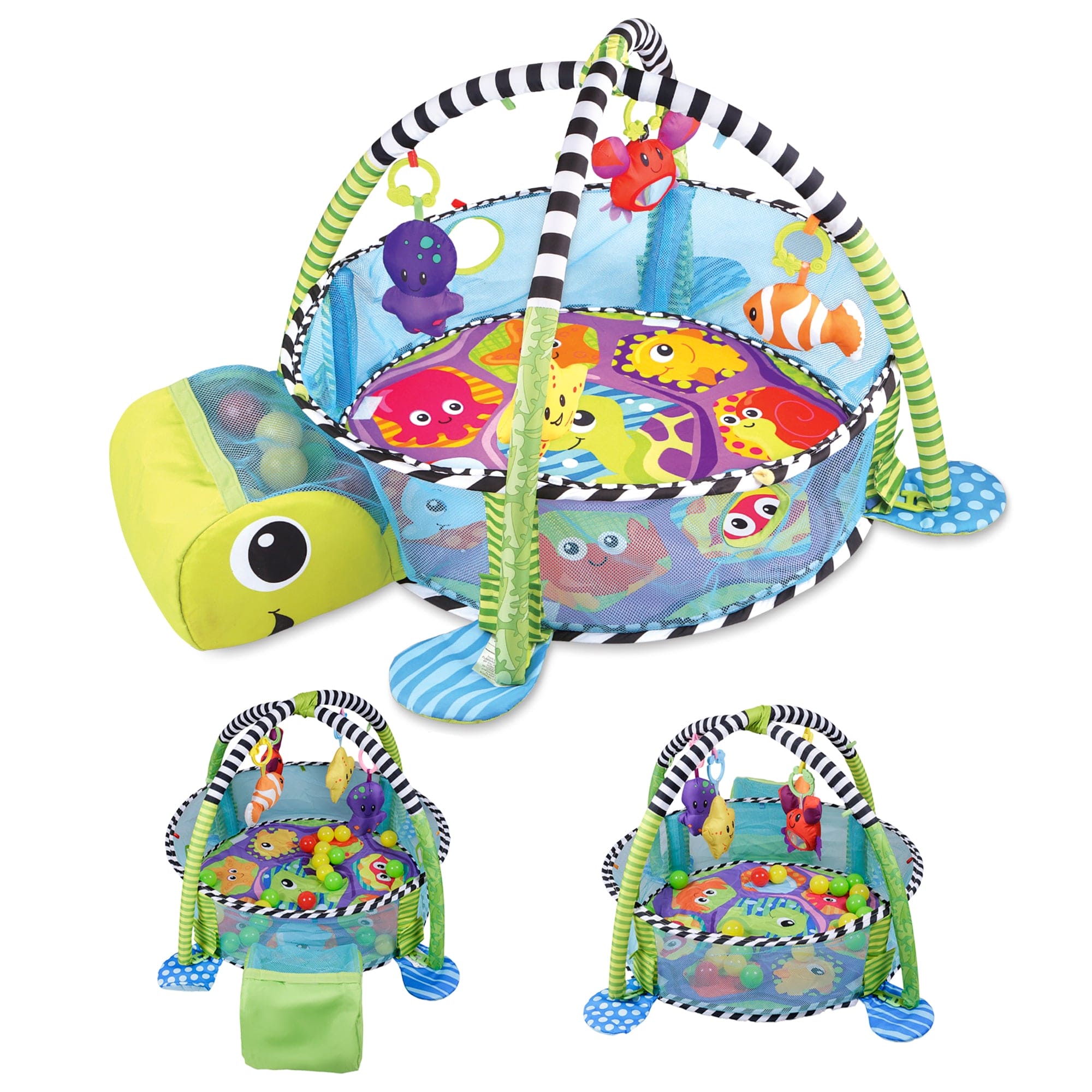 Turtle Infant Play Mat Activity Gym With Hanging Toys And Balls - Green