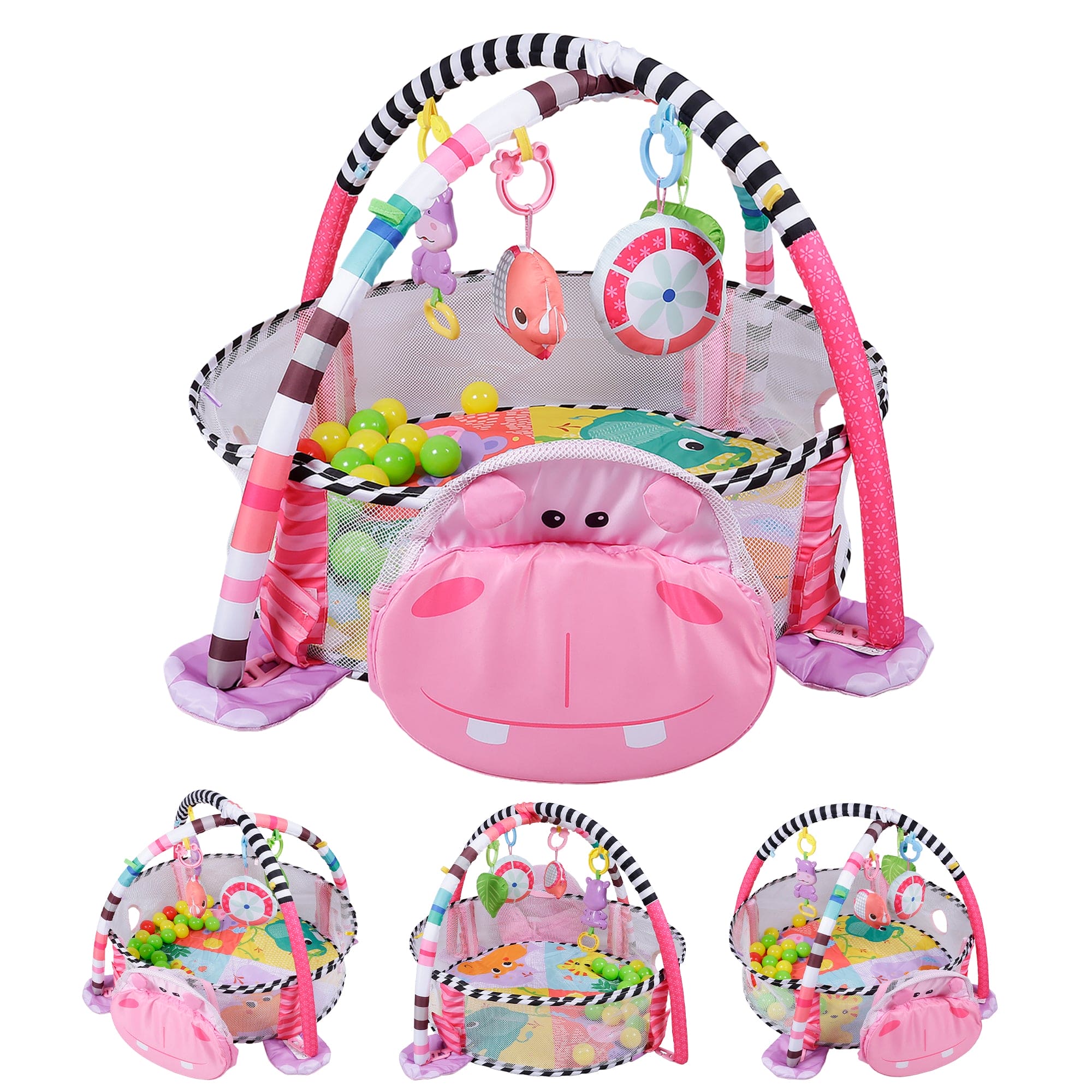 Hippo Infant Play Mat Activity Gym With Hanging Toys And Balls - Pink