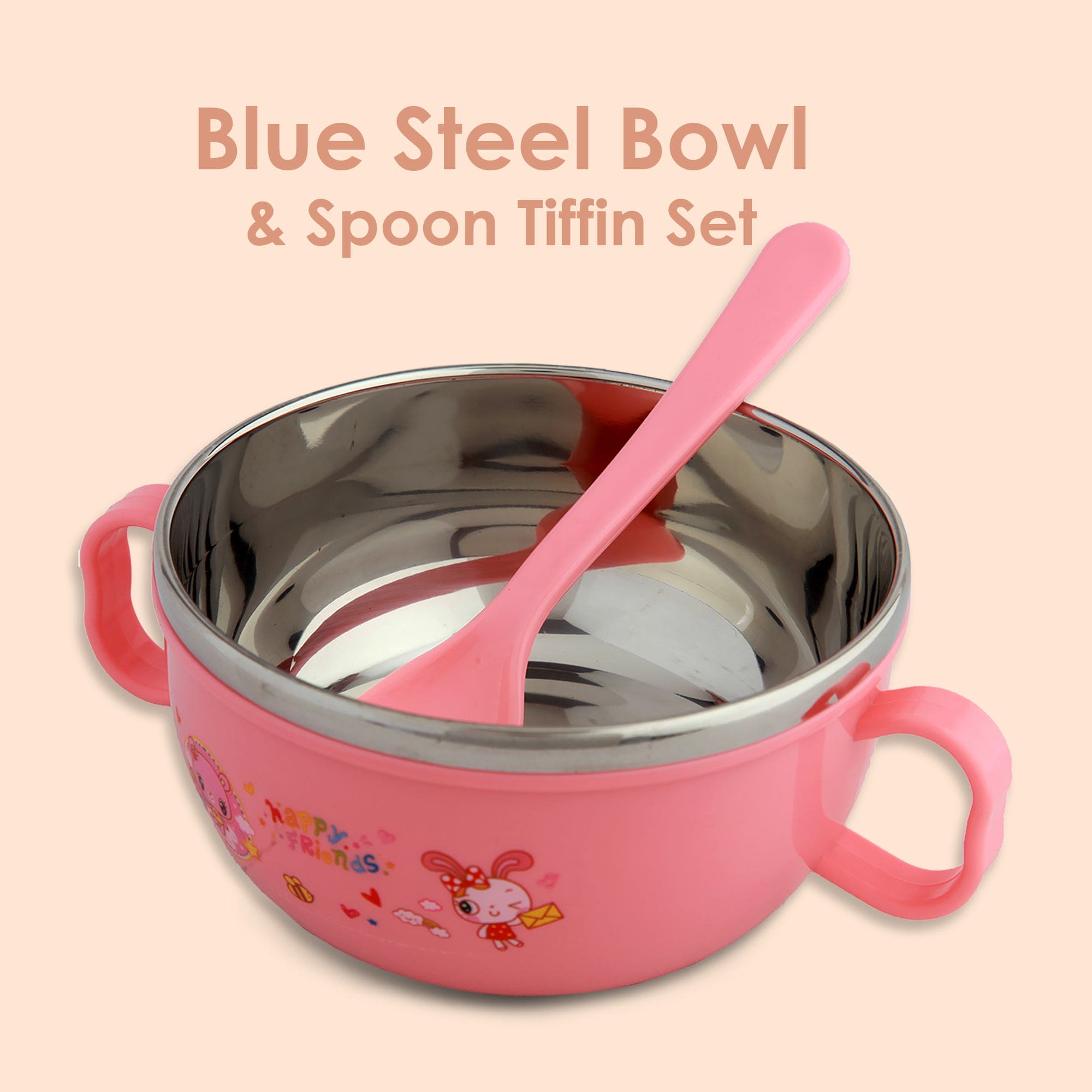 On-The-Go Pink Steel Bowl & Spoon Tiffin Set