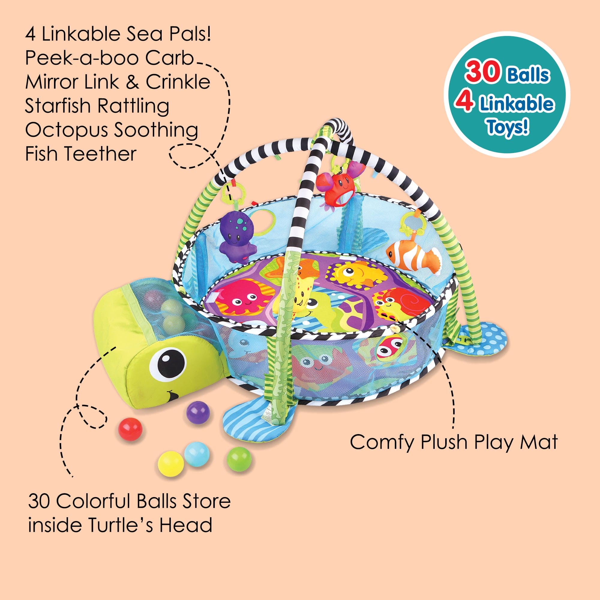 Turtle Infant Play Mat Activity Gym With Hanging Toys And Balls - Green