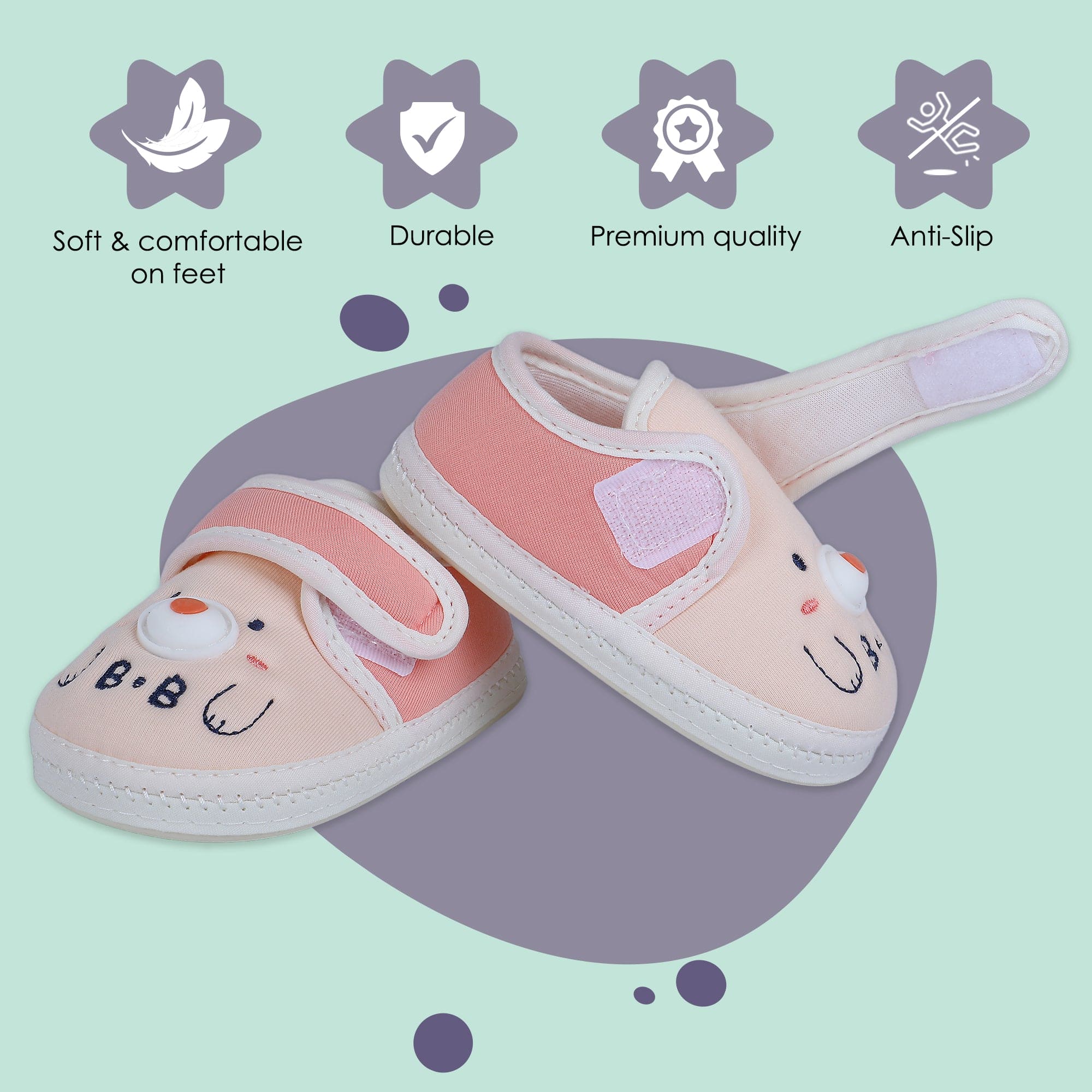 Baby Moo Smiling Bear Soft Sole Anti-Slip Booties - Peach