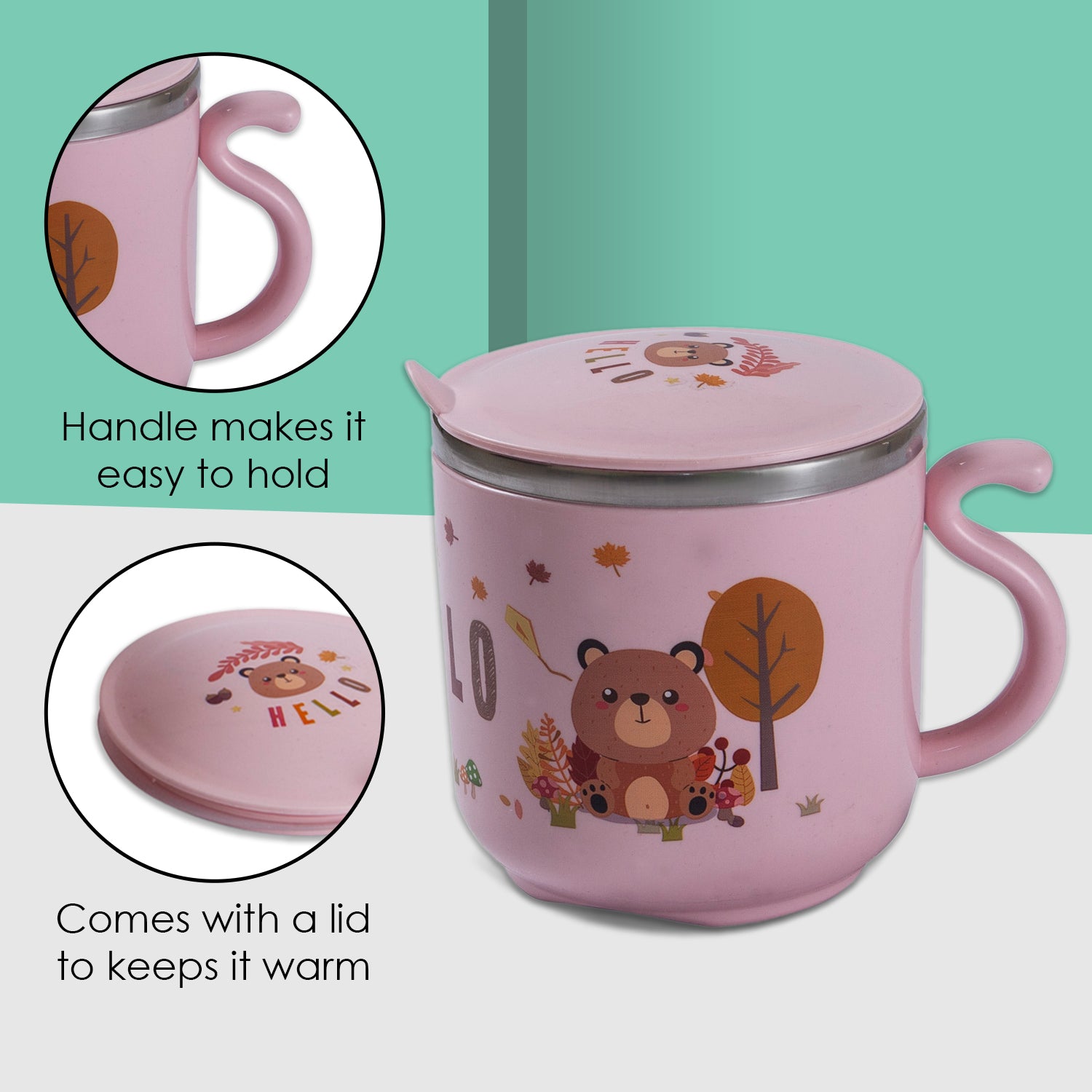 Stainless Steel Water Cup with Lid Bear - Pink