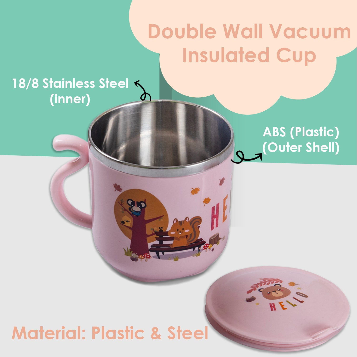 Stainless Steel Water Cup with Lid Bear - Pink