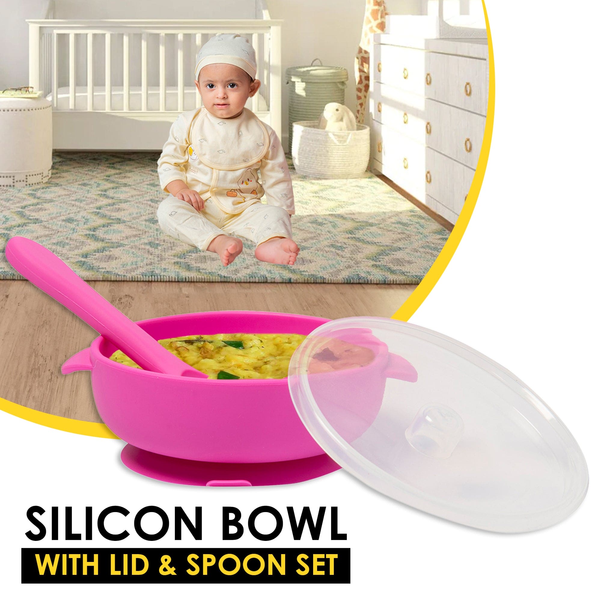 Magenta Silicon Bowl With Lid And Spoon Set