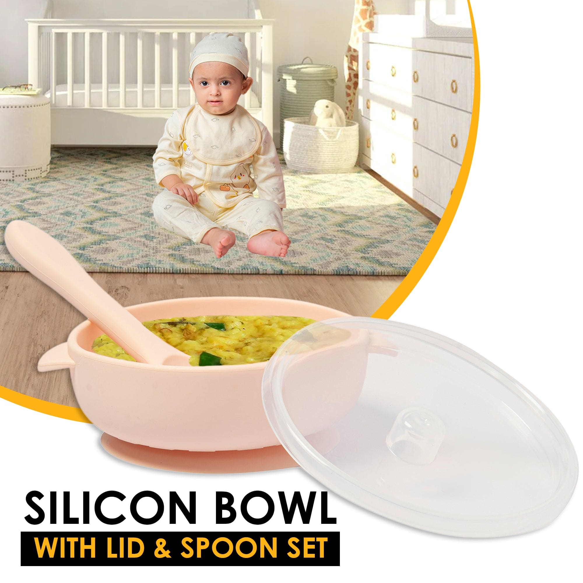 Peach Silicon Bowl With Lid And Spoon Set