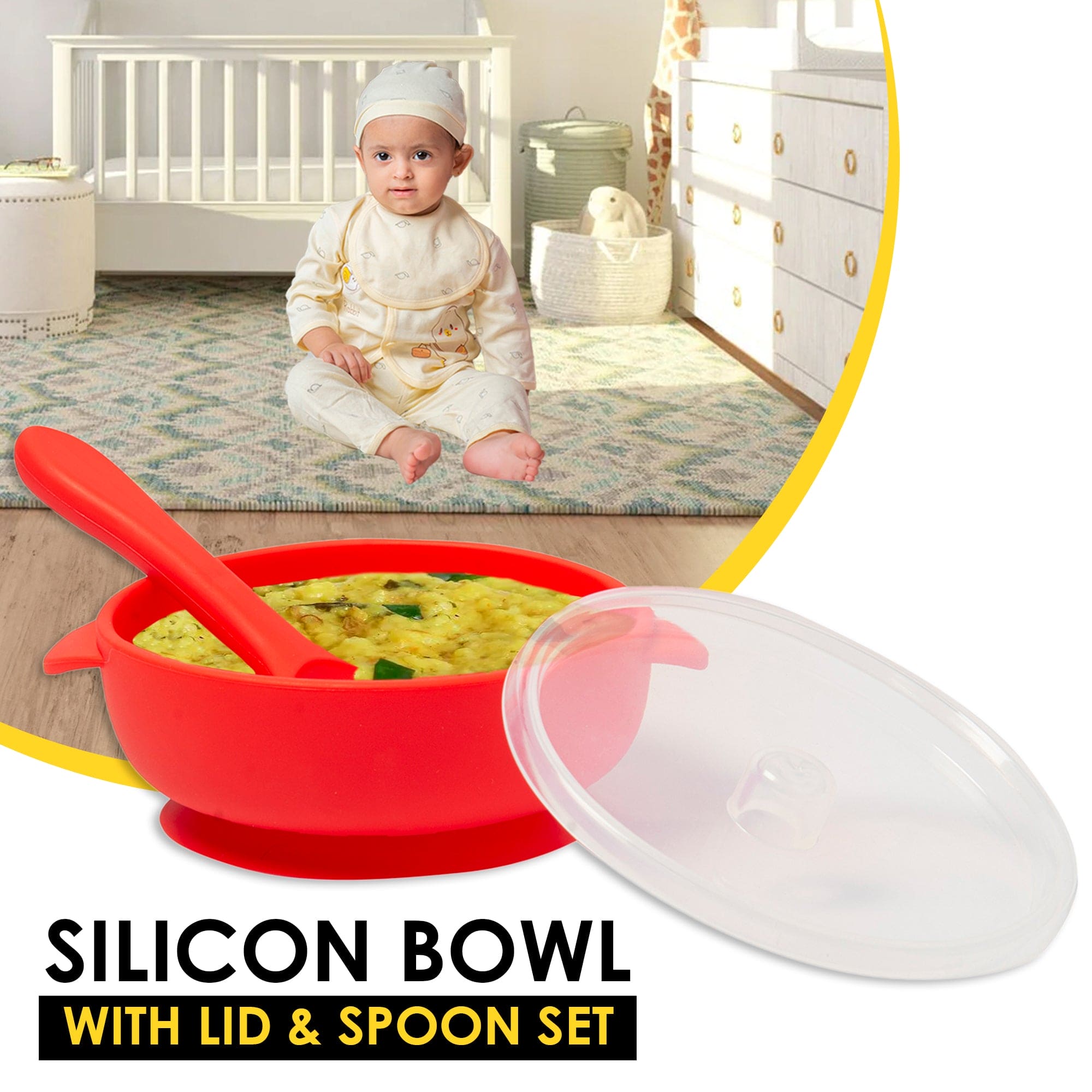 Red Silicon Bowl With Lid And Spoon Set