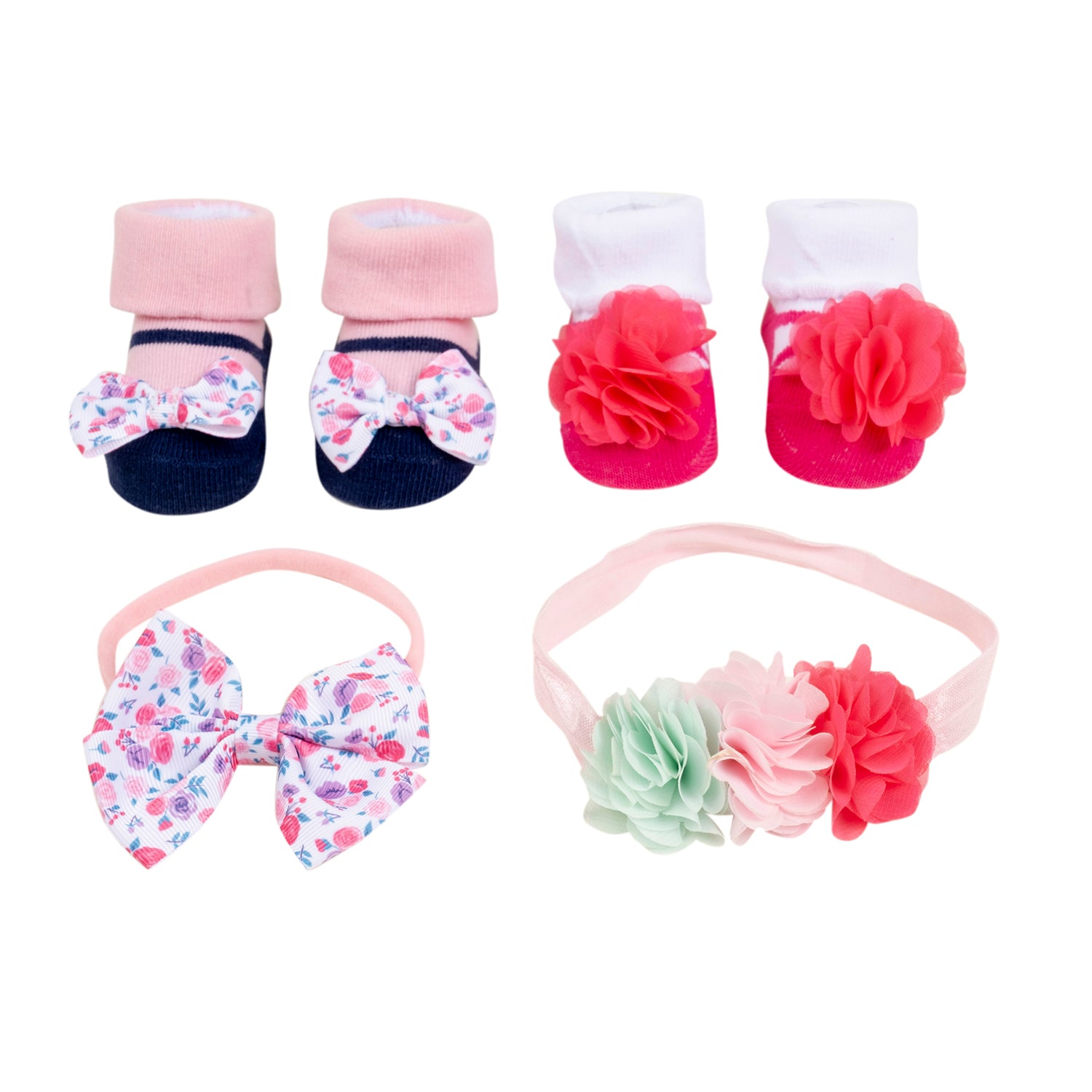 Baby Moo Ring a Ring o' Roses Infant Girl 4-Piece Gift Hairband And Socks Set - Pink