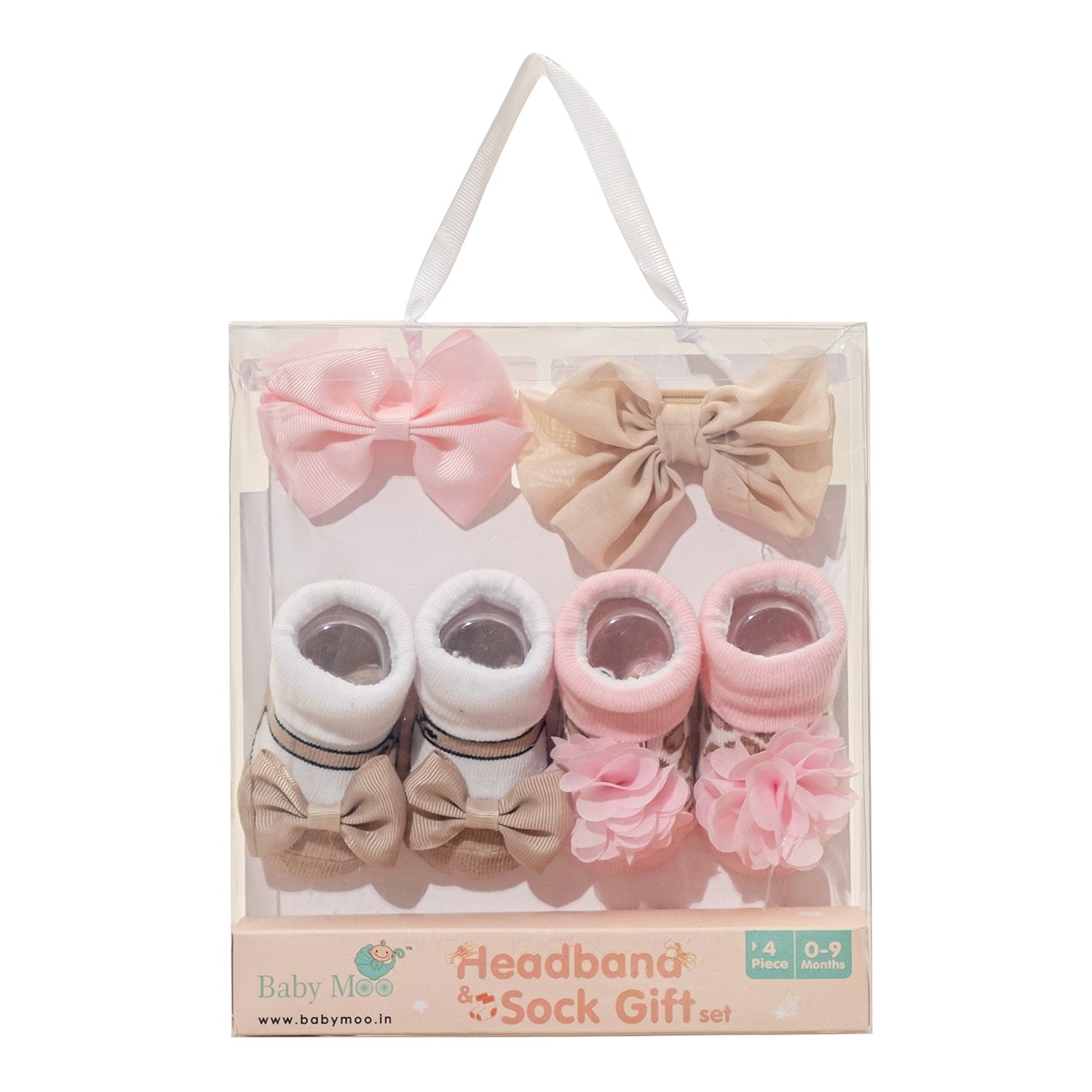 Baby Moo Floral Bow Infant Girl 4-Piece Gift Hairband And Socks Set - Beige