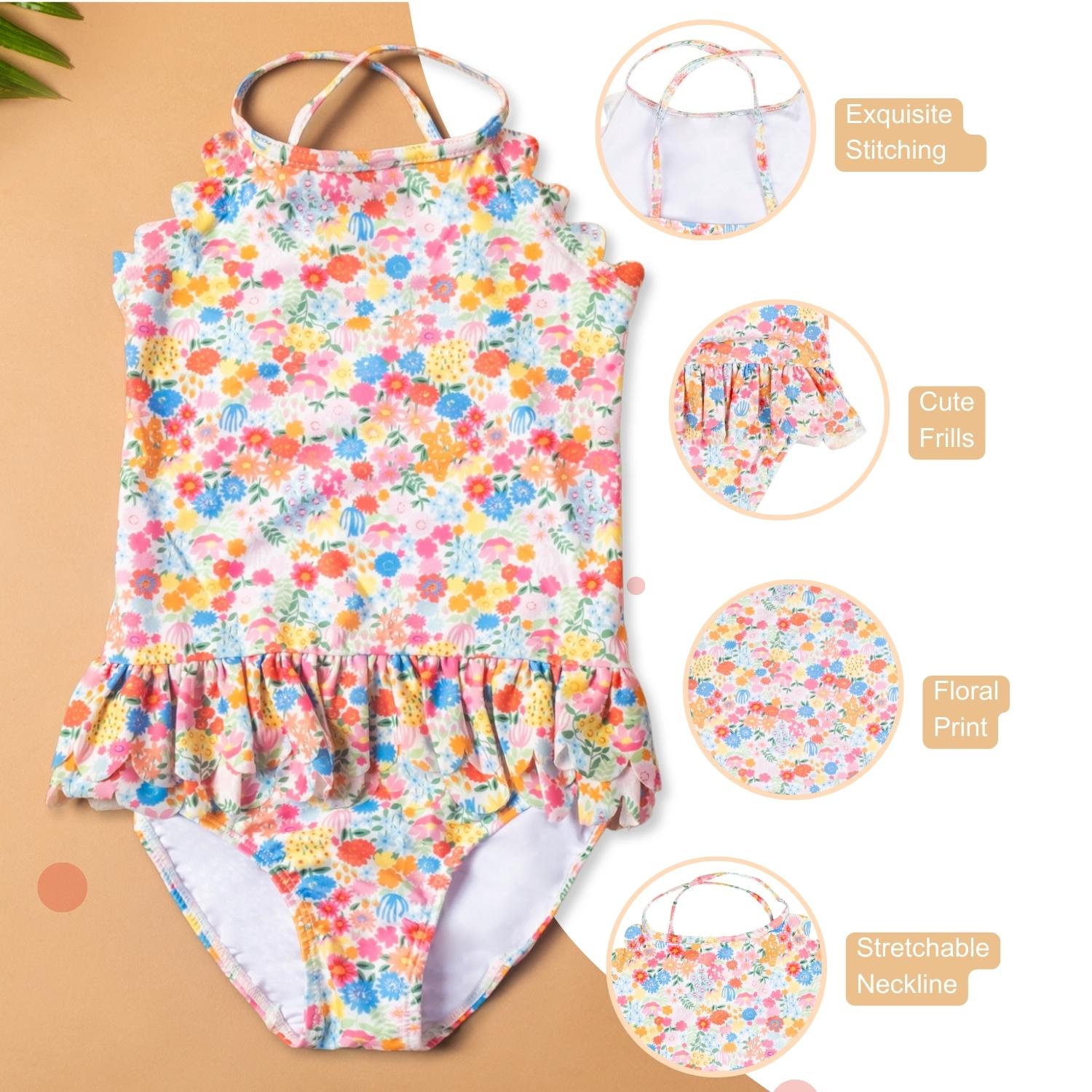Baby Moo Floral Print Beach One-Piece Swimsuit Pool Swimming Costume - Pink